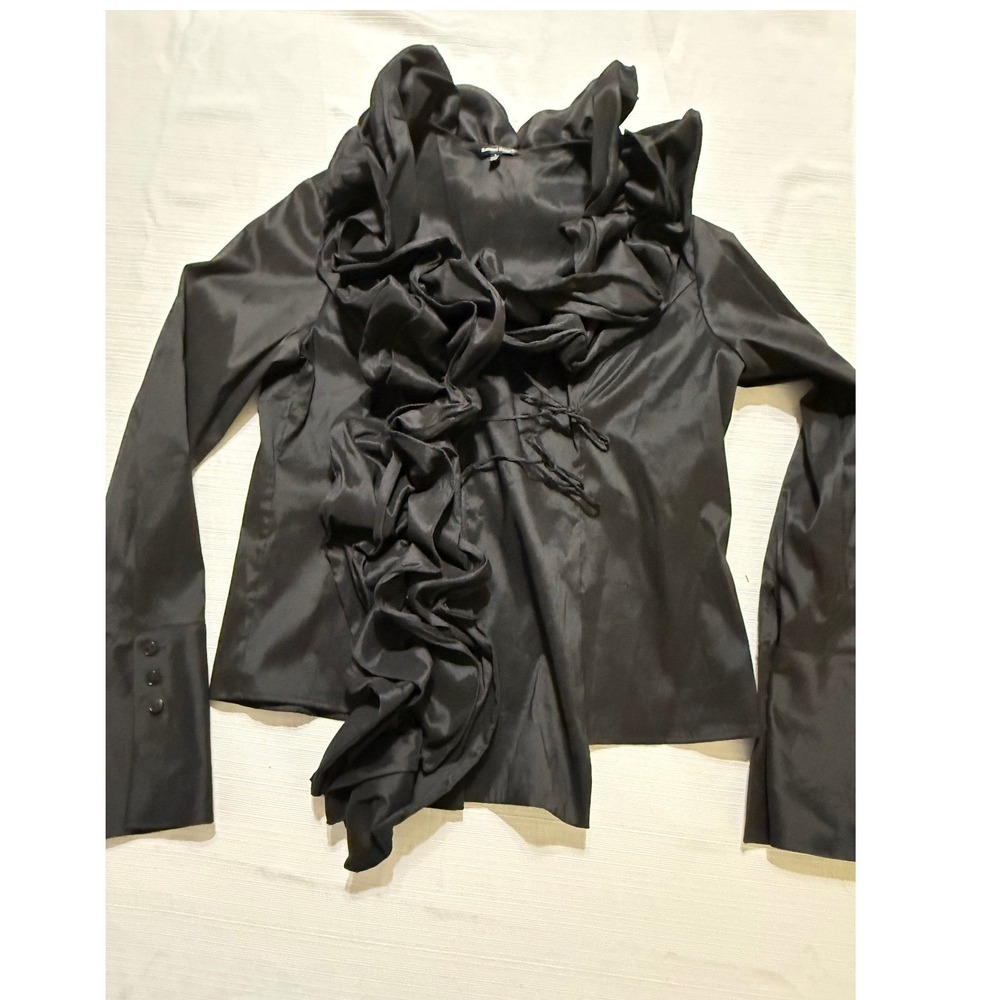 Samuel Dong Black Satin Ruffle Front Blouse Long Sleeve Dramatic Collar Large